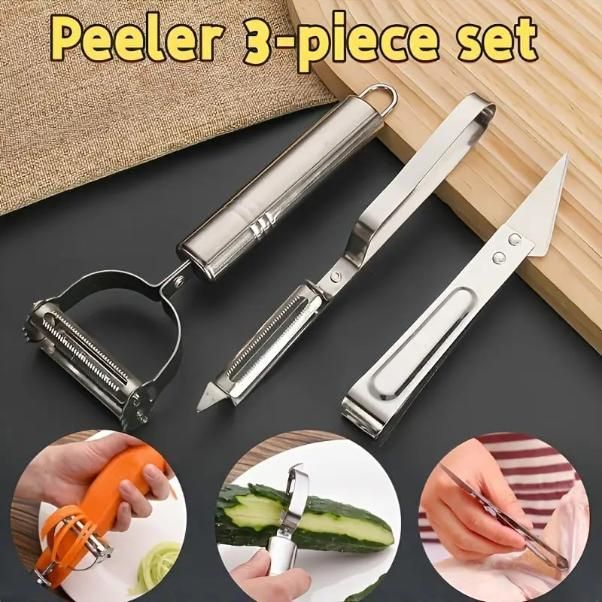 Stainless Steel 3-in-1 Vegetable & Fruit Peeler Set – Multi-Purpose Manual Peeler (Pack of 3)