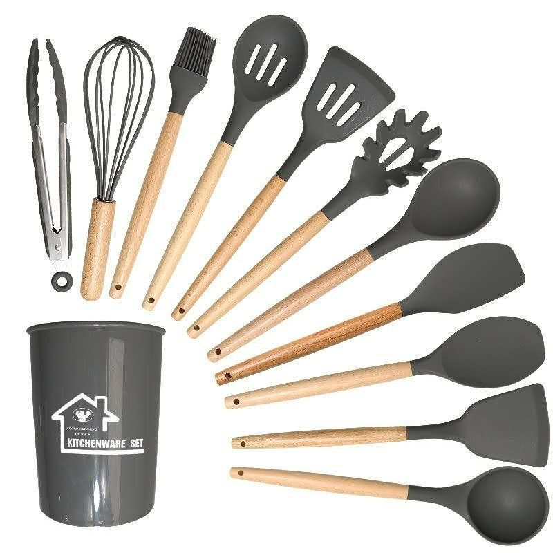 11-Piece Silicone Cooking Utensils Set with Wooden Handles & Holder