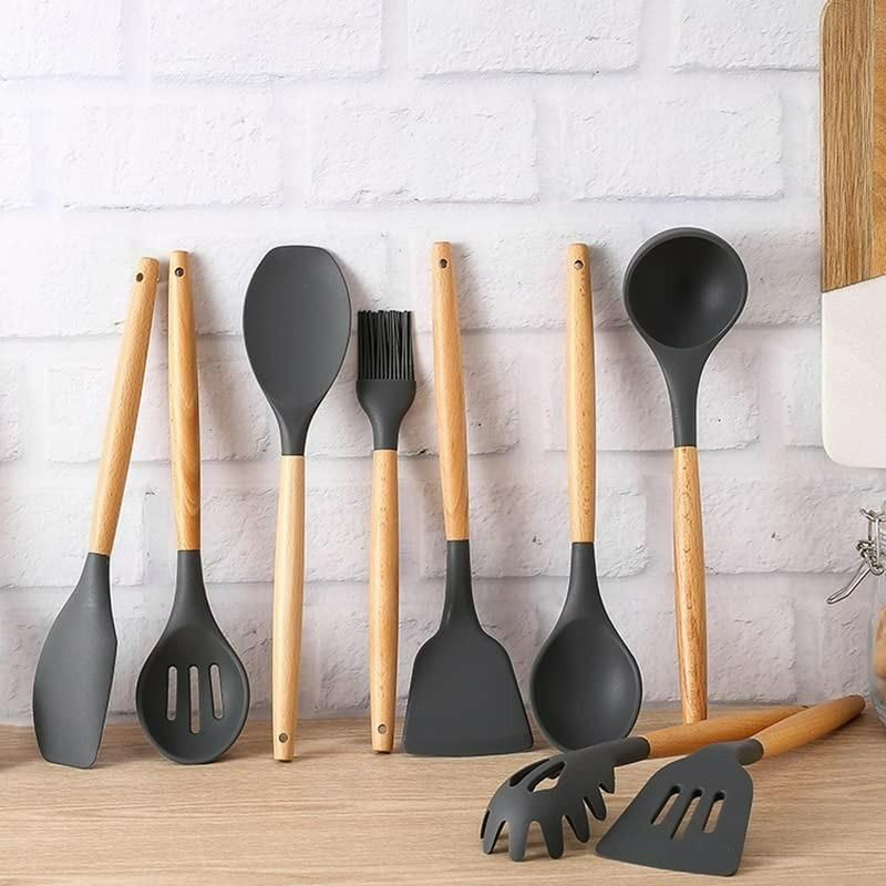 11-Piece Silicone Cooking Utensils Set with Wooden Handles & Holder