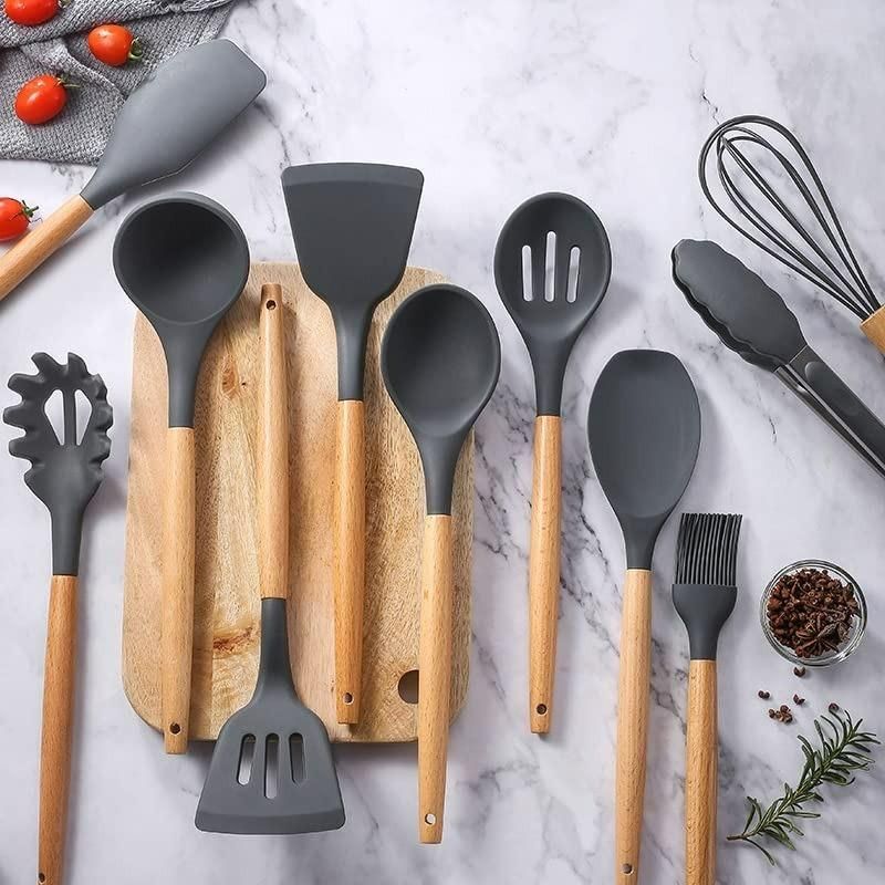 11-Piece Silicone Cooking Utensils Set with Wooden Handles & Holder