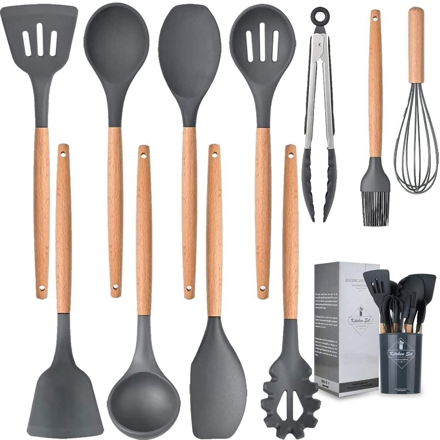 11-Piece Silicone Cooking Utensils Set with Wooden Handles & Holder