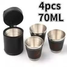 4-Piece 70ml Travel Cups Set with Leather Case – Portable Stainless Steel Mini Cups