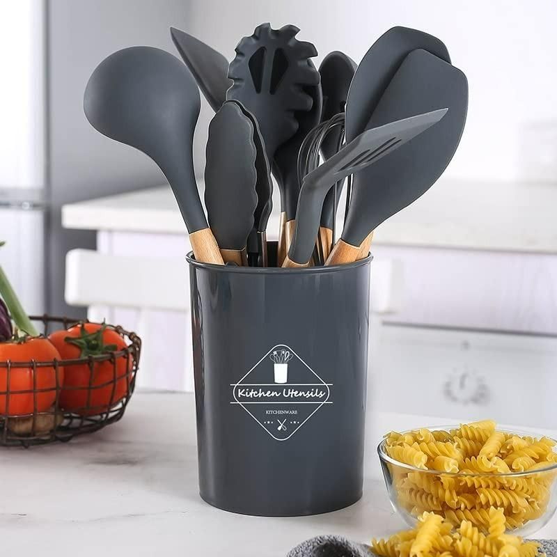11-Piece Silicone Cooking Utensils Set with Wooden Handles & Holder