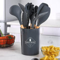 11-Piece Silicone Cooking Utensils Set with Wooden Handles & Holder