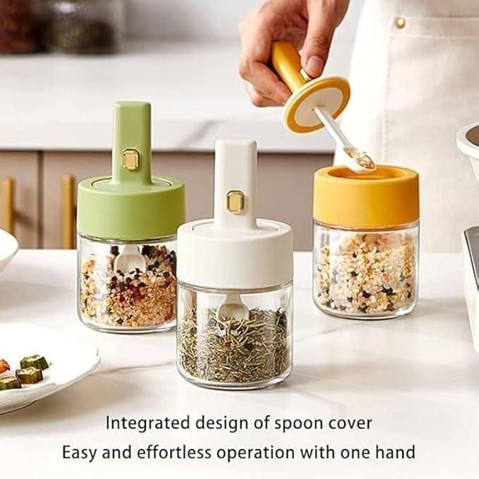 Luxury Glass Telescopic Seasoning Tank with Integrated Spoon Lid – Airtight Condiment Jar (Pack of 1)
